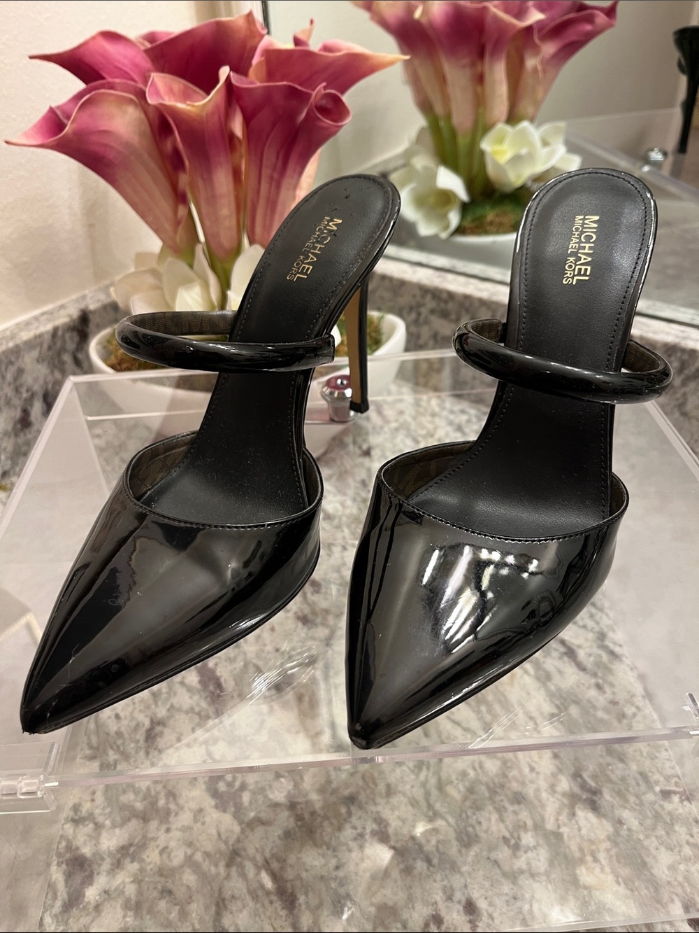Michael Kors Glossy Black Patent Pointed Mules with Slim Heel
